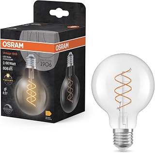 Osram Vintage 1906 Globe ist eine warmweiße, dimmbare LED-Lampe in klassischer Ballform mit spiralförmigem Filament. Sie bietet 7.2 W für 806 lm, E27 Fassung, klarfarbenes Glas, 80 mm Durchmesser.