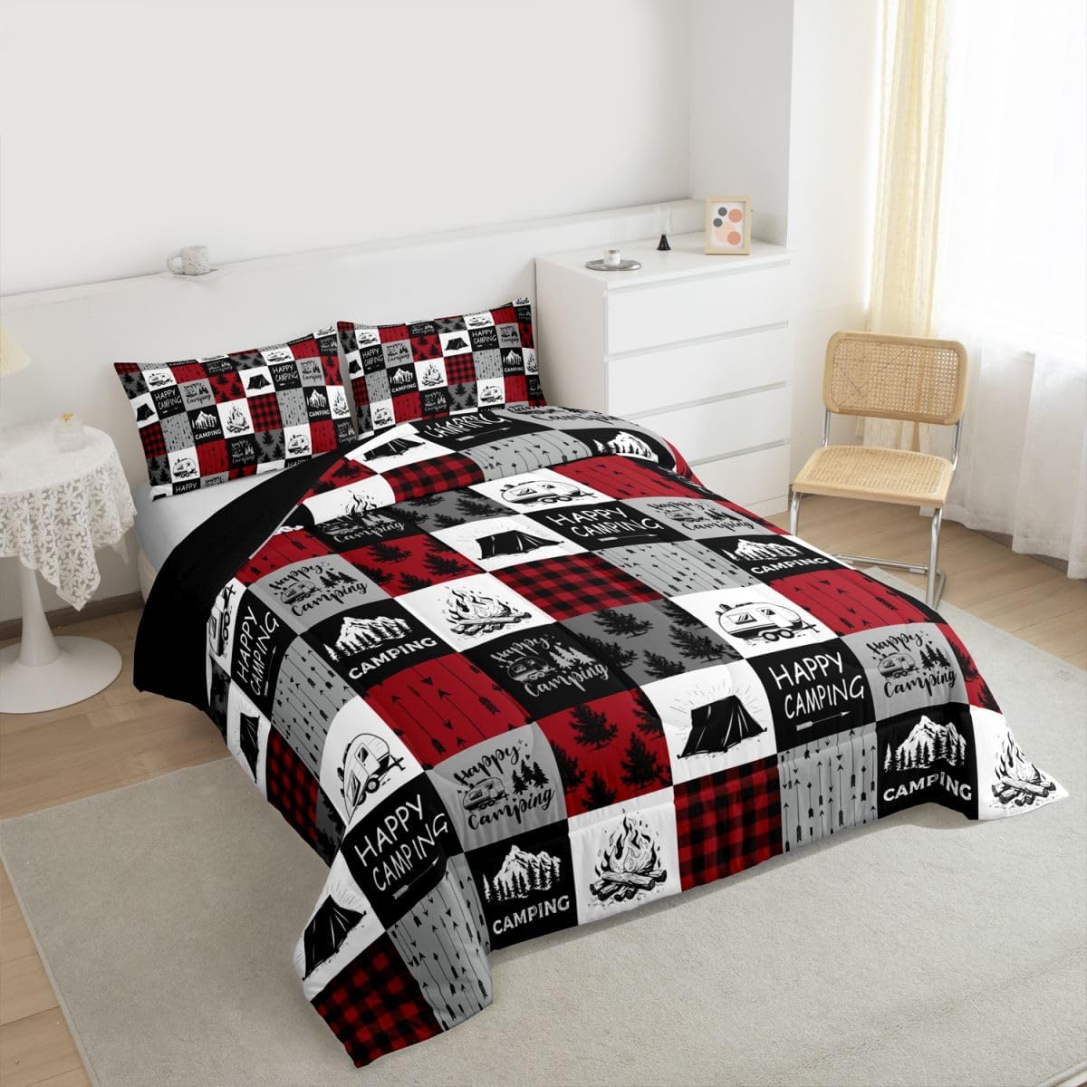 Erosebridal Happy Camping Down Comforter, Boys Rustic Camper Bedding Set Queen Size, Country Tent Bonfire Comforter Set for Kids Teens Adult, Geometric Checkered Farmhouse Bedding Comforters