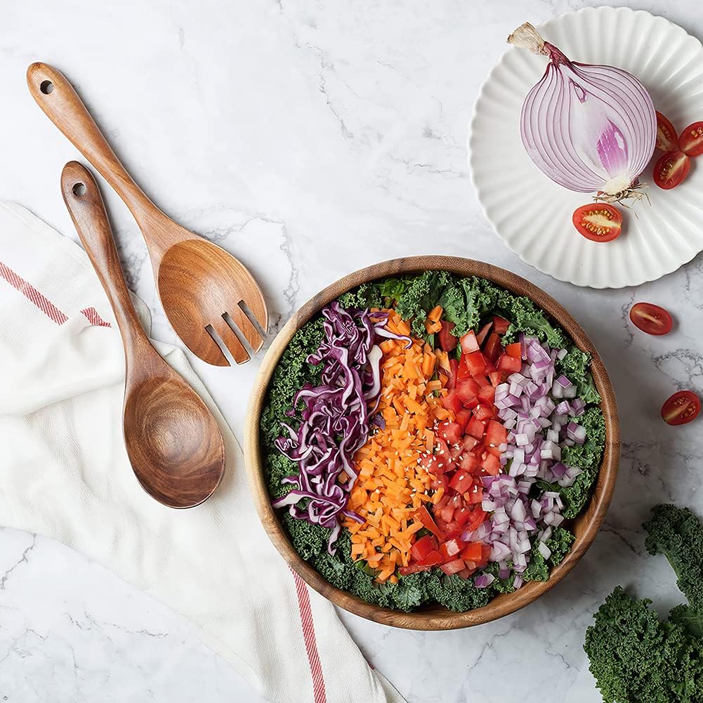 AOOSY Large Wooden Salad Bowl, Acacia Wood Salad Bowl with Salad Tongs, 9" x 2.8" Round Fruit Serving Bowl Set for Mixing Fruits Cereal Pasta,Set of 3