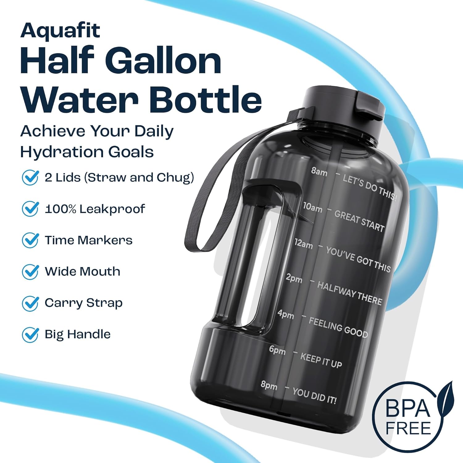 AQUAFIT Half Gallon Water Bottle with Time Marker - Straw & Chug Lid - BPA Free Gym Water Bottle with Straw - Big Gallon Jug (Gray, 64 oz - 2 Lids) - Image 2