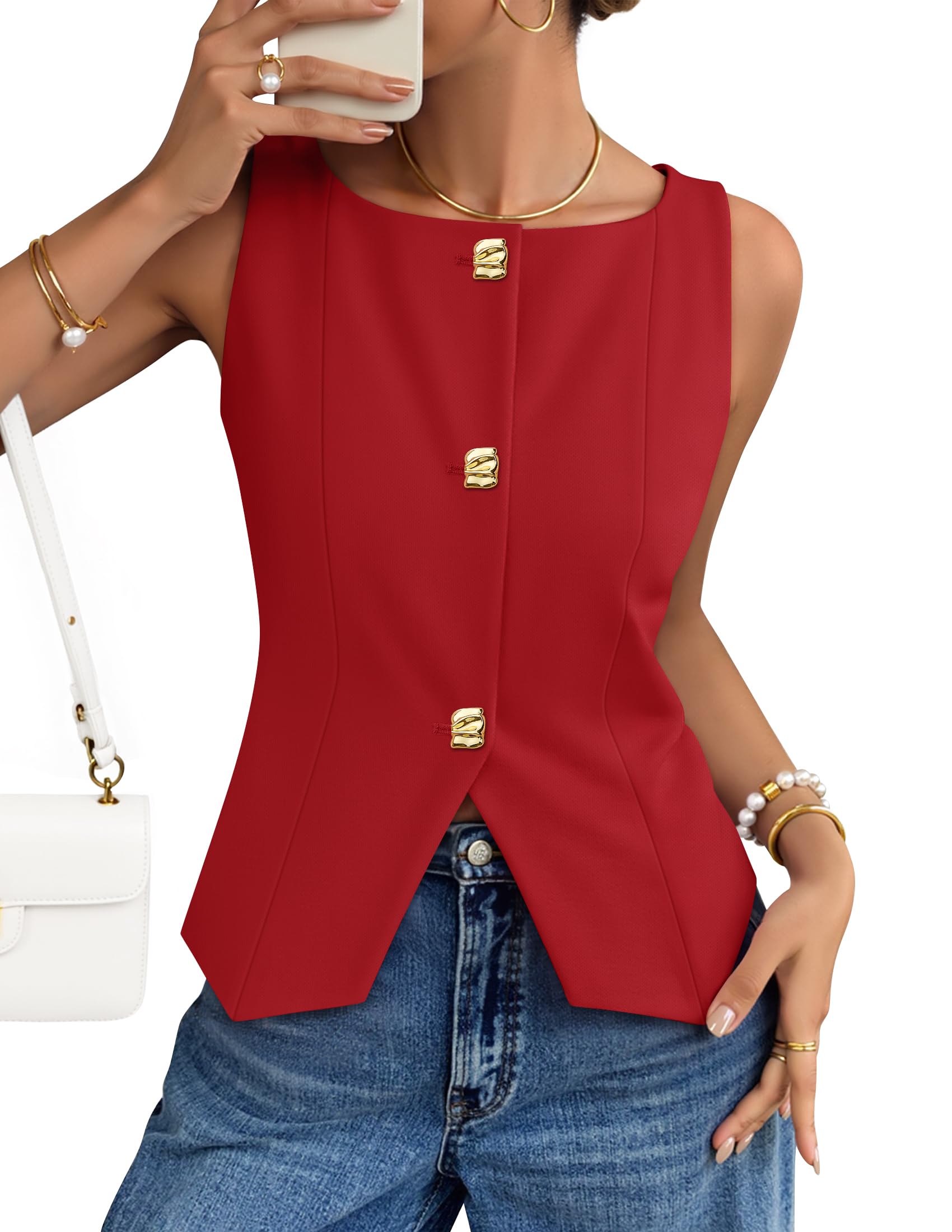 ZESICA Womens Summer Sleeveless Suit Vest 2026 Boat Neck Button Down Formal Vest Tops Casual Trendy Work Blazer