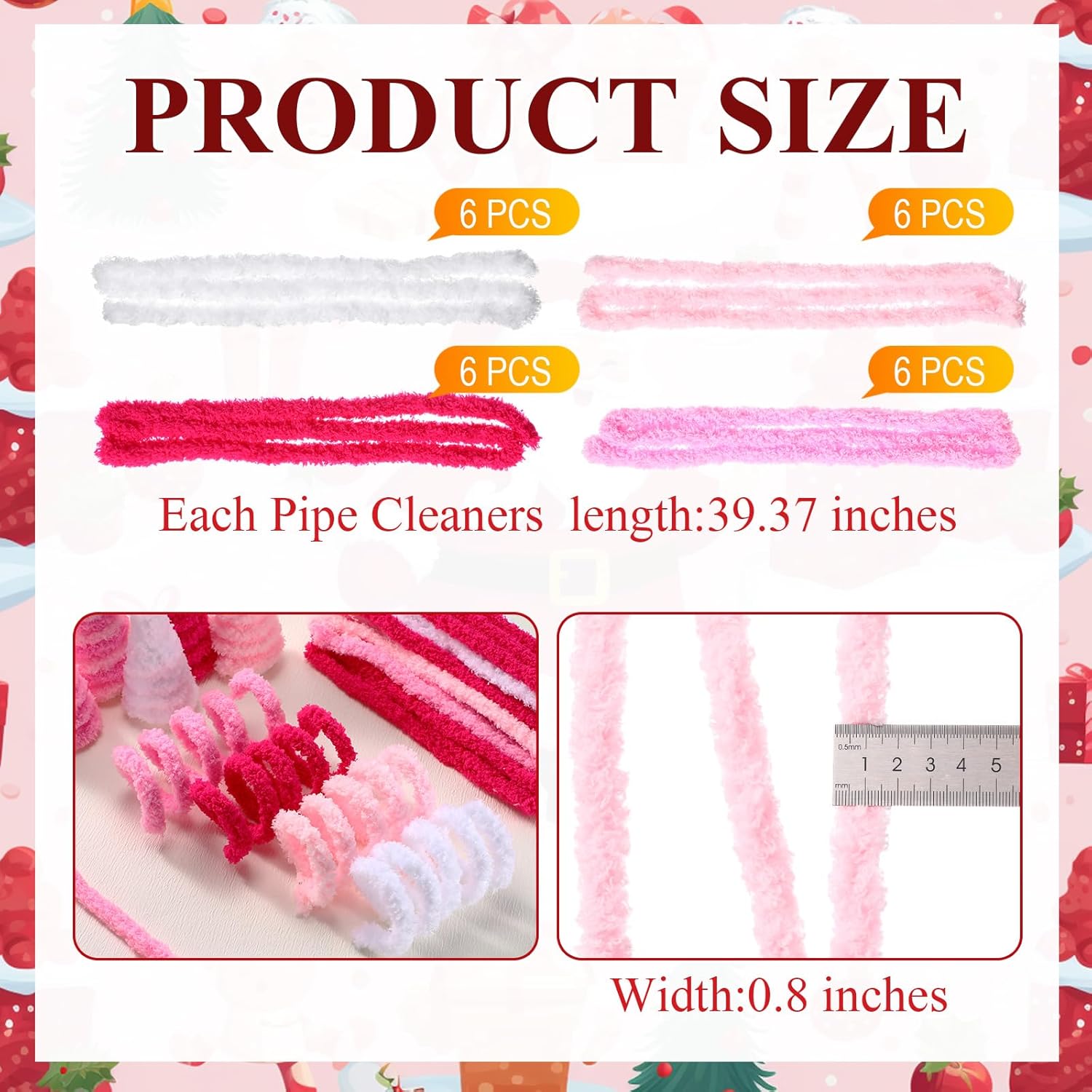 Sonwyoung 24 Pcs Thick Pipe Cleaners Crafts Supplies, Chenille Stems, 39.37 Inches Jumbo Pipe Cleaners Bulk, Fluffy Fuzzy Art Decorations St. Patrick's Day Easter Wedding DIY(Pink, White, Rose Red)
