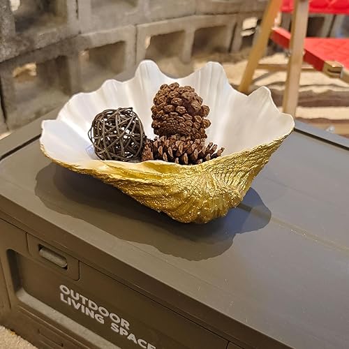 Miniatura 7 de ALIWINER Cuenco de resina de concha dorada grande con concha de almeja dorada con interior blanco perla, cuenco de concha de almeja náutica, cuenco