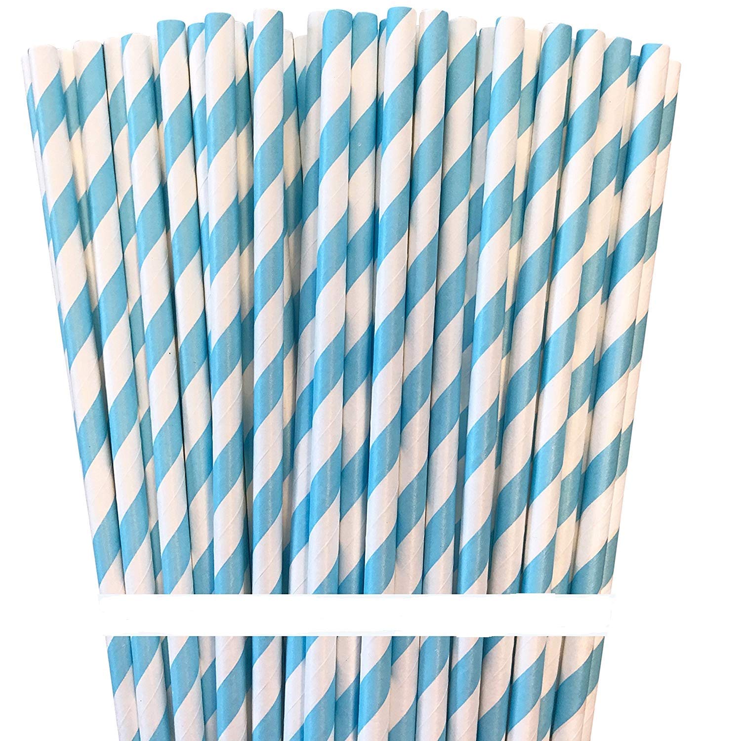 Biodegradable Striped Paper Straws,Paper Drinking Straws for Party, Events and Crafts,Baby Shower Decorations 7.75 Inches,100 Packs - Light Blue White - Striped