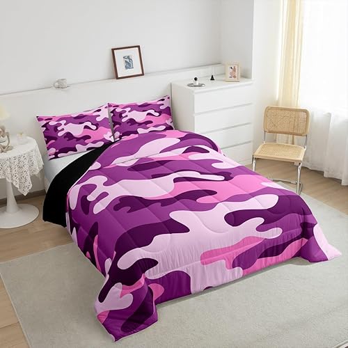 Miniatura 5 de Erosebridal Juego de ropa de cama individual de camuflaje rosa y morado para niños, niñas y adolescentes, juego de edredón de camuflaje militar,