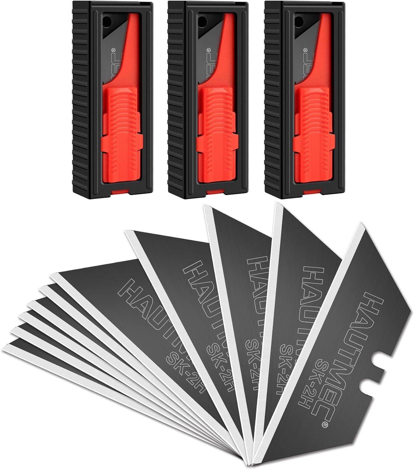 HAUTMEC Utility Knife Blades 30-Pack, Ultra-Sharp SK2H Black Rust-Resistant Blades with Safety Dispenser, Standard Size Replacement Blades for Box