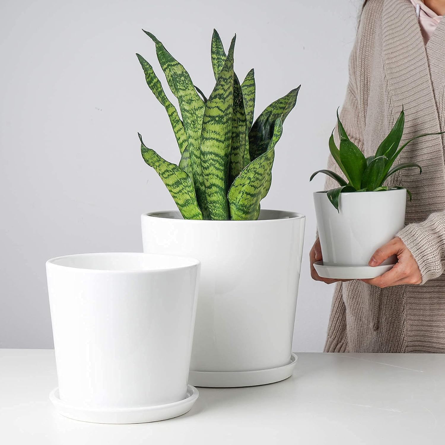 POTEY Ceramic Planter Pots for Plants 8.7 Inch Glazed White Ceramic Planters Indoor Plants Minimalist Modern Plant Pots Outdoor with Drainage Hole 056215 Plants NOT Included