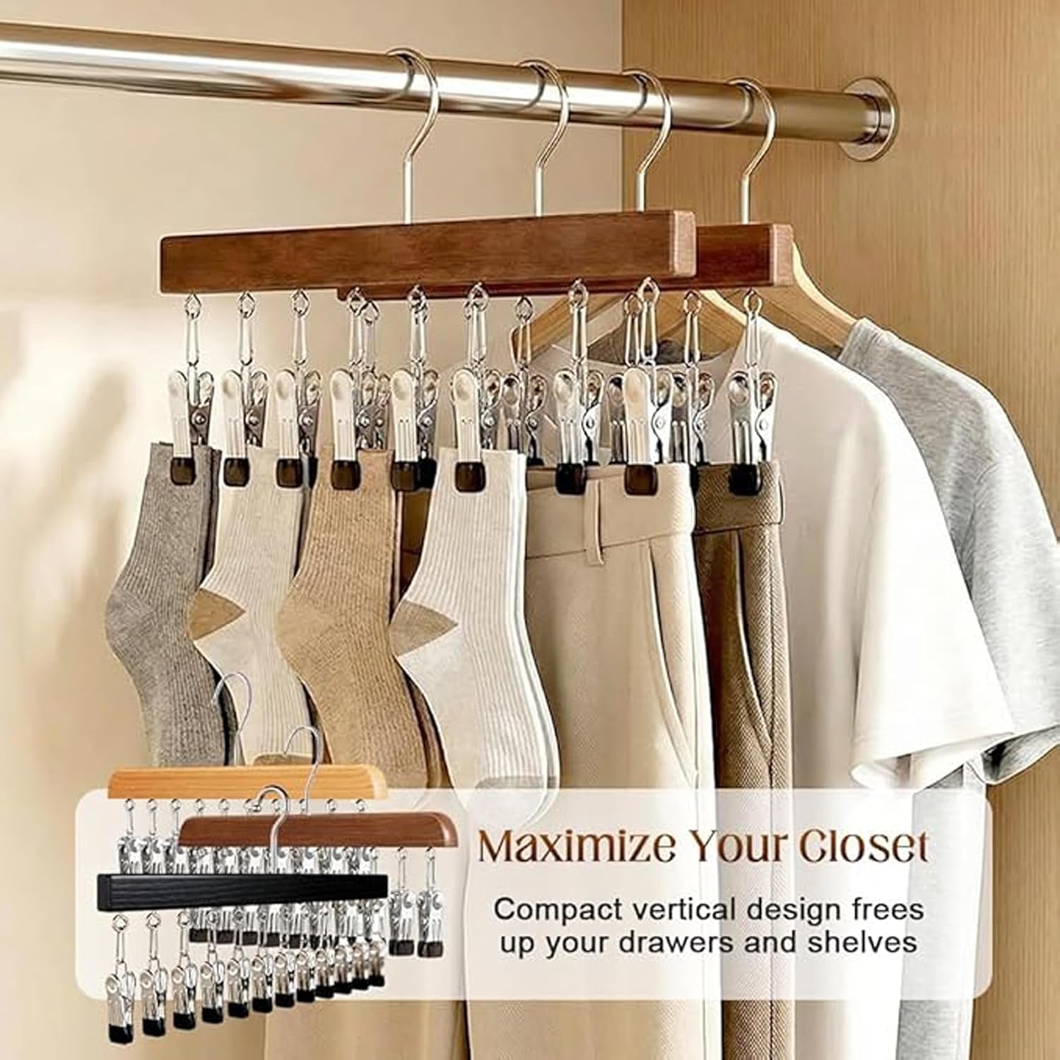 Legging Organizer for Closet Hanging, Wood 360° Rotating Pants Hangers with Clips, Space Saving Legging Hanger for Closet Organizer with 10 Clip for Yoga Pants, Jeans, Skirts & Hats (Set F)