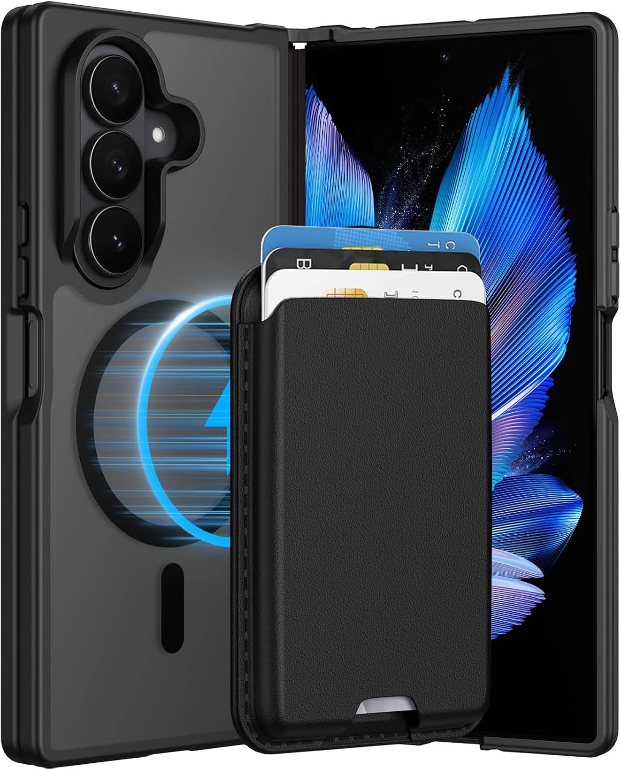 Magnetic for Samsung Galaxy Z Flod 7 Case with Detachable Magnetic Wallet, Compatible with MagSafe, Credit Card Holder, RFID Blocking, Military Protective Slim Phone Cover, Black