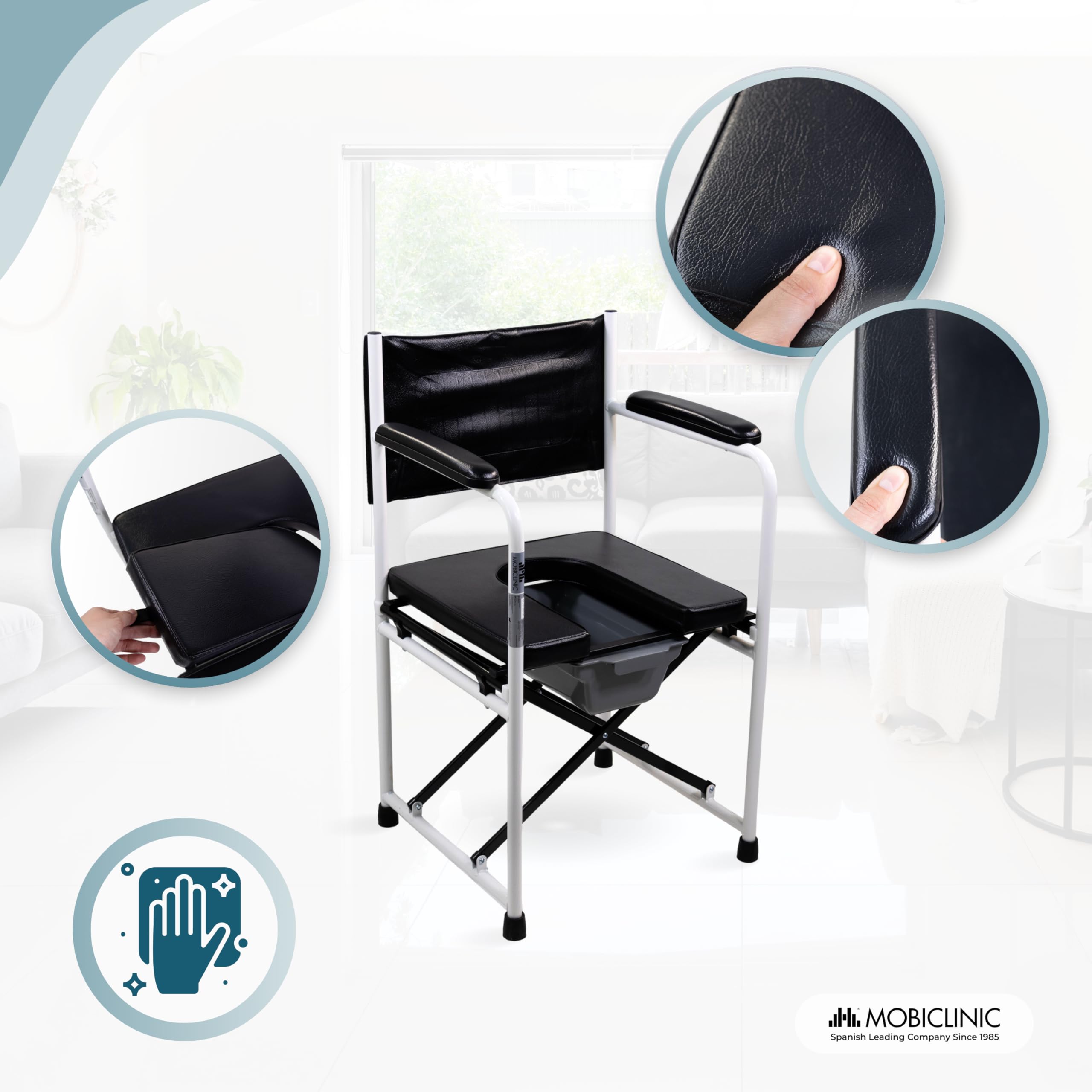 Mobiclinic®, Sedia Comoda WC, Pieghevole, Ebro, con Braccioli, Seduta Imbottita, Secchiello e Coperchio Rimovibili, Terminali Antiscivolo, Max. 100 Kg, Acciaio Cromato