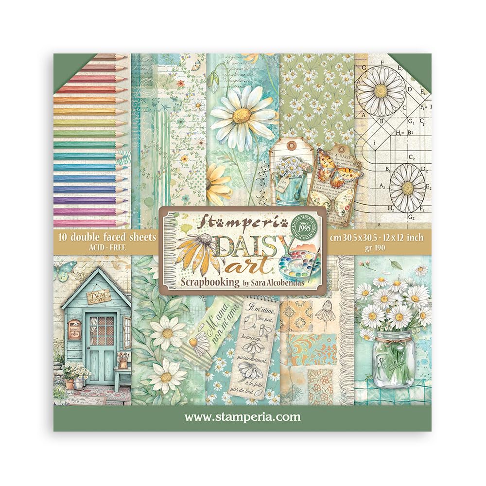 Stamperia - Scrapbook Paper Pad for Scrapbooks, Albums, Cards, Bullet Journals and More, Acid Free, Double-Sided, Perfect for Hobbies, Crafts, and Gifting (Daisy Art) (30.5 x 30.5cm)