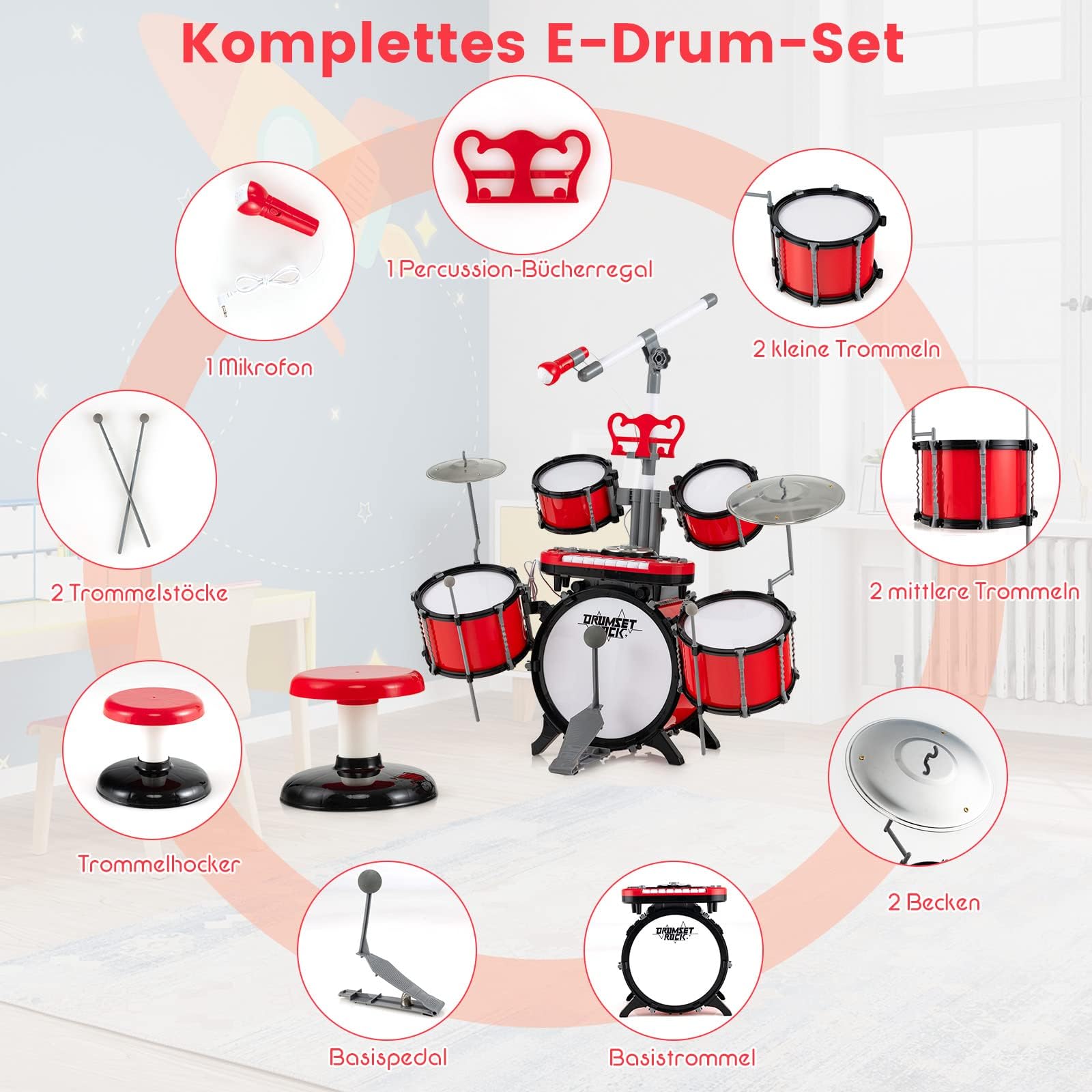 COSTWAY Zestaw perkusji dla dzieci, zestaw perkusyjny z mikrofonem, stojak na nuty, 8 klawiszy i zestaw DJ, wejście audio, instrument muzyczny dla dzieci powyżej 3 lat, czerwony