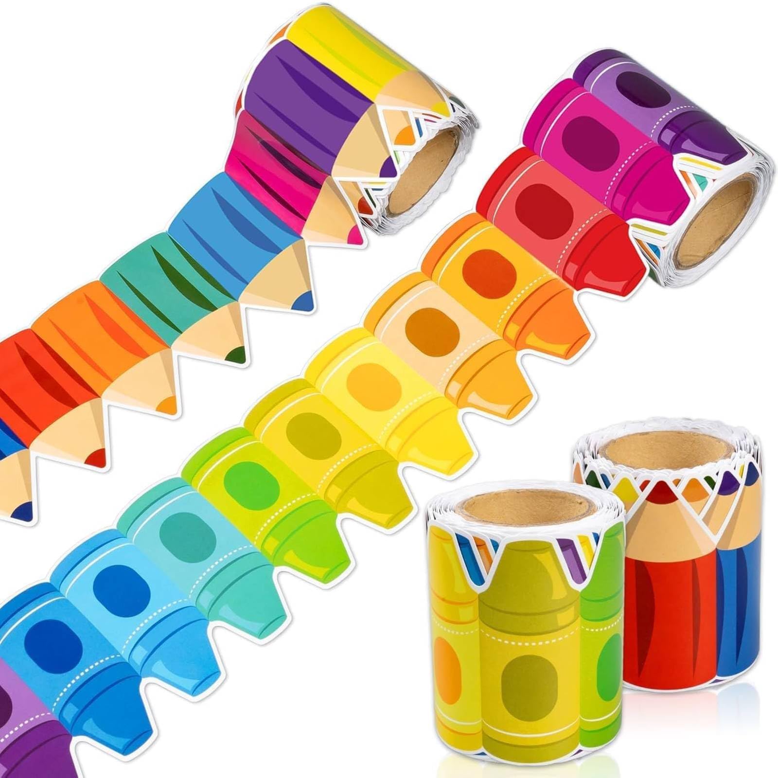 Kockuu 52ft Bulletin Board Borders Decorations - 2 Rolls Rainbow Crayon Border Trim Display Borders for Classroom School Chalkboard Wall Window Door Decor