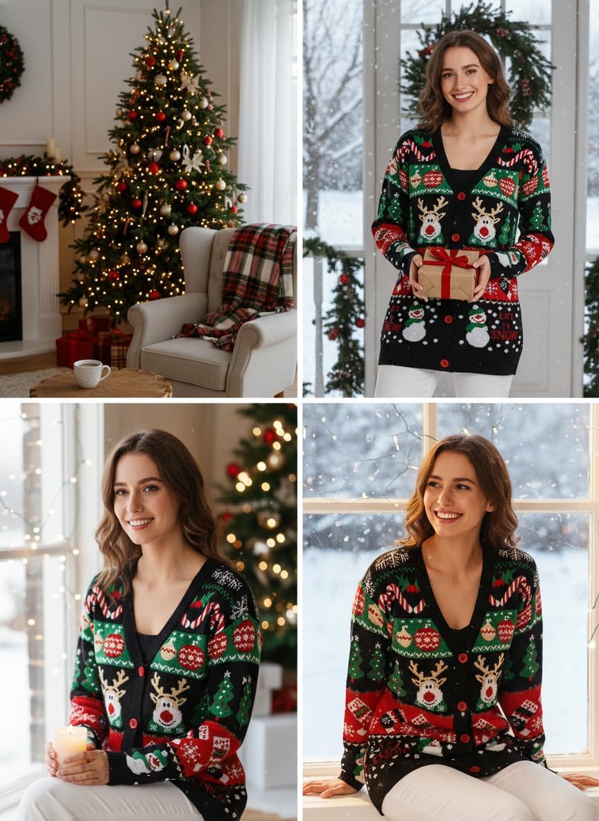 v28 Ugly Christmas Sweater for Women Reindeer Funny Merry Knit Sweaters Cardigan - Image 5