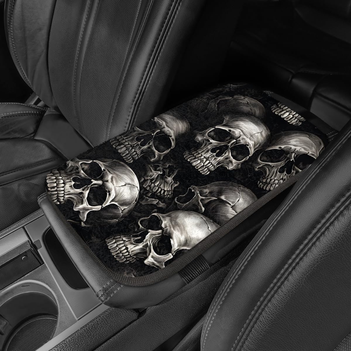 Car Center Console Cover Pad, Arm Rest Cover for Cars Accessories Cute, Printing Car Armrest Covers Protector for Car Armrest Storage Box, Auto Accessories Interior Universal Fit (Skull Heads Black) image 3