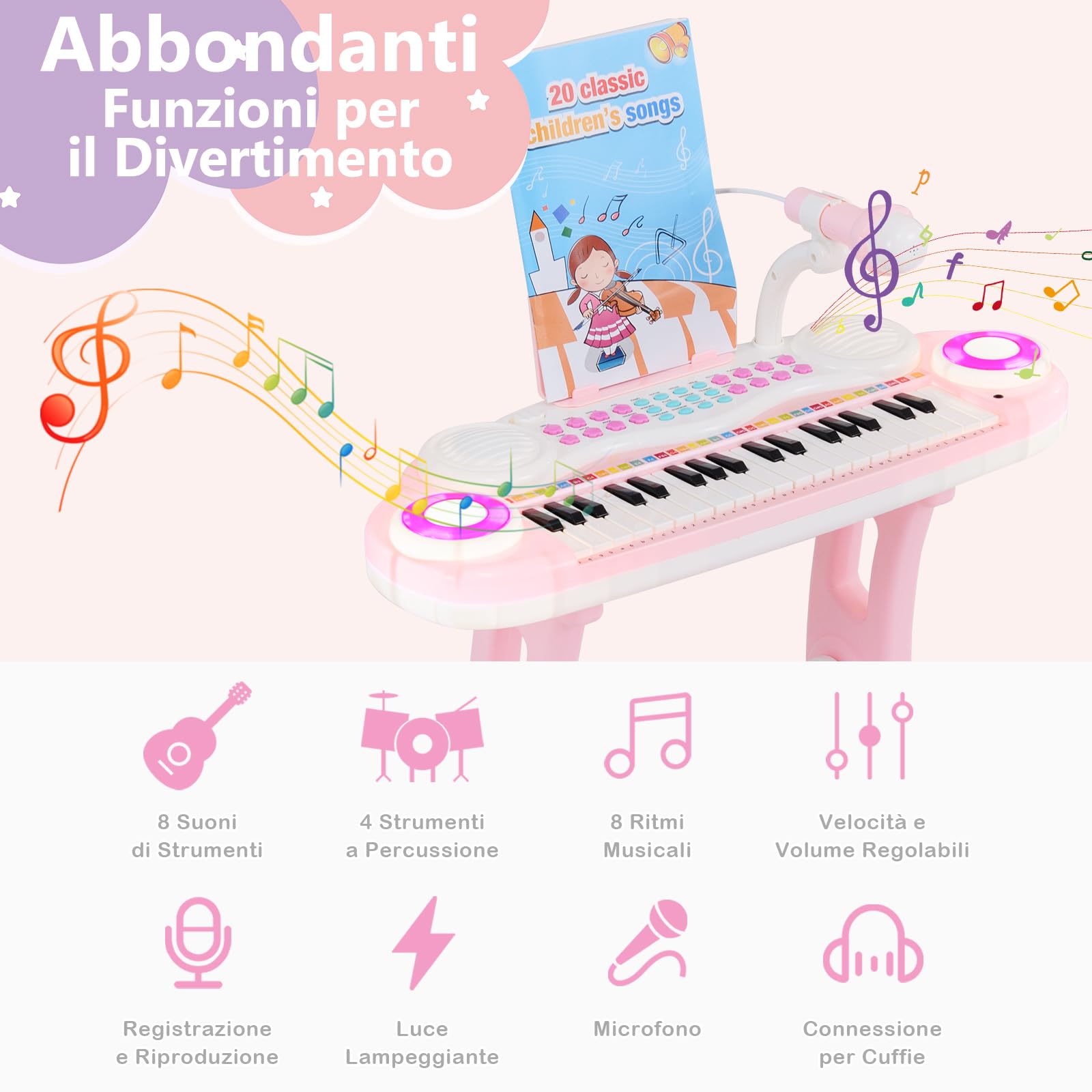 RELAX4LIFE Pianoforte per Bambini con 37 Tasti, Tastiera Elettronica con Microfono e Sgabello, Funzioni di Record e Playback, Pianoforte Giocattolo Regalo per Ragazza/Ragazzo (Rosa)