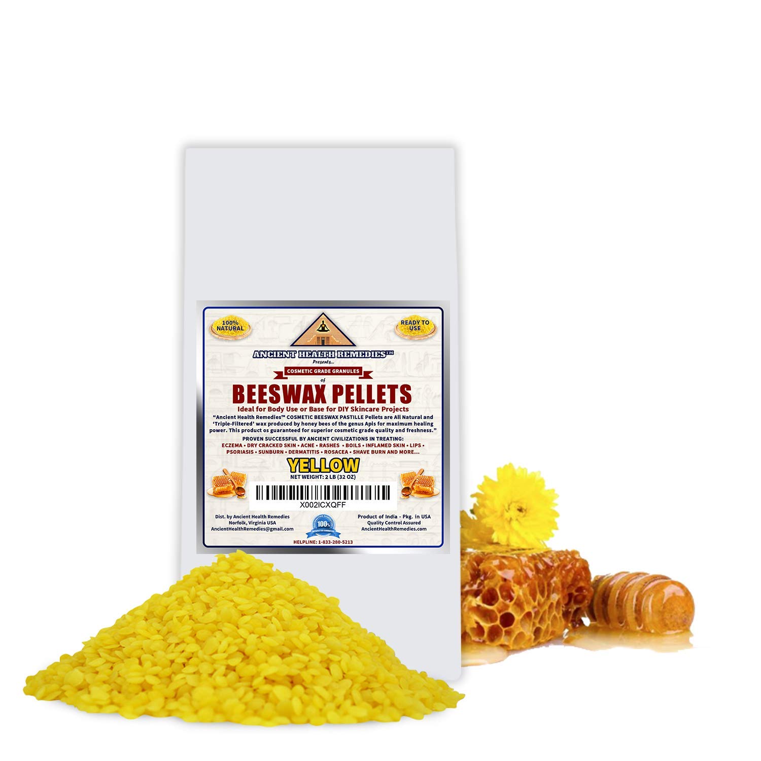 All Natural Cosmetic Grade YELLOW BEESWAX PELLETS PASTILLES Triple Filtered Ideal for DIY Skincare, Candle Making & Lip Balms by Ancient Health Remedies (2 LB)
