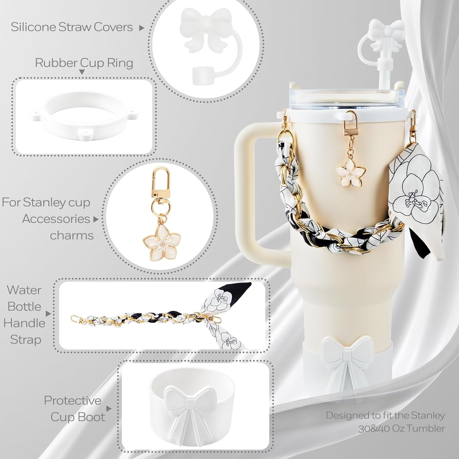 OFFCURVE 5PCS Butterfly Cup Accessories for Stanley Owala, Water Bottle Handle Strap for Stanley 30/40 oz, Including Straw Toppers, Silicone Cup Boot, Keychain Charms, Cup Decoration for Women Girls - Image 4