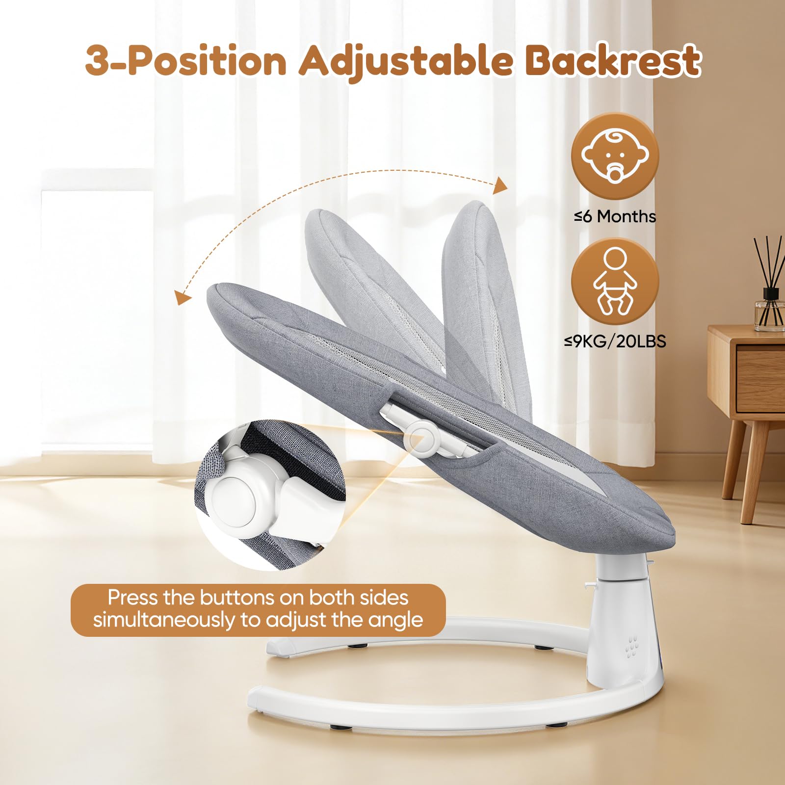 Hamac électrique pour bébés de 0 à 6 mois, harnais à 5 points, 5 modes d'équilibre, minuterie à 3 niveaux, télécommande et musique, pour intérieur et extérieur, portable et pliable (gris)