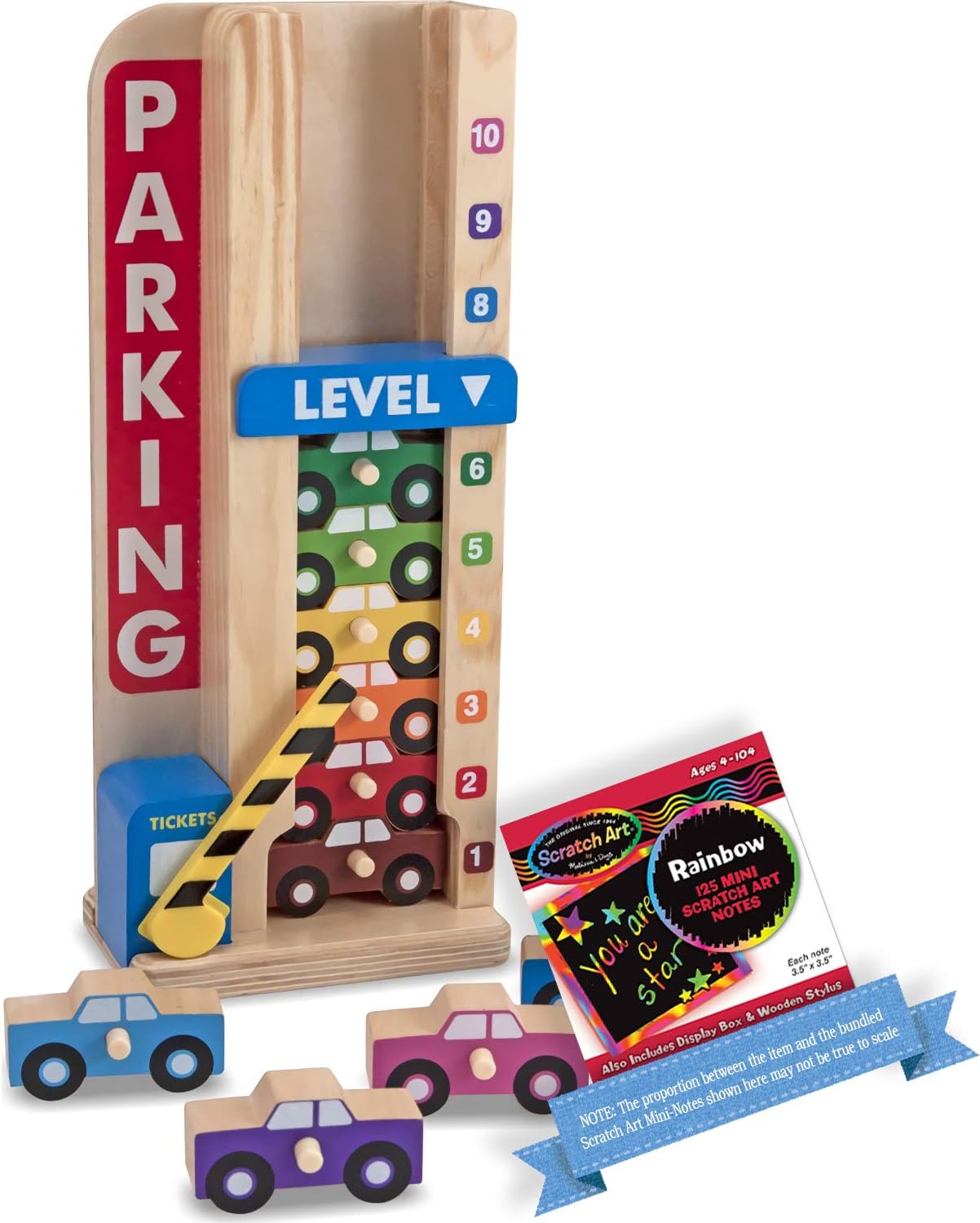 Melissa & Doug Wooden Stack & Count Parking Garage Classic Toy + Free Scratch Art Mini-Pad Bundle [51828]