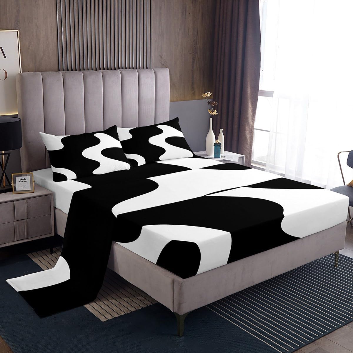 Erosebridal White and Black Abstract Queen Sheets Boho Geometric Striped Bed Sets Minimalist Modern Art Sheets Simple Aesthetic Modern Flat Fitted Sheet