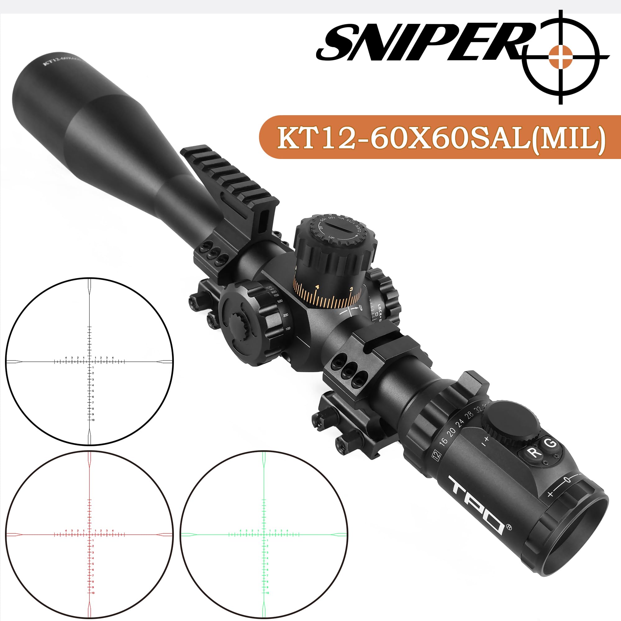 12-60X60SAL MOA Reticle Long Range Rifle Scope 35mm Tube Side Parallax Adjustment with Scope (MIL-Reticle)
