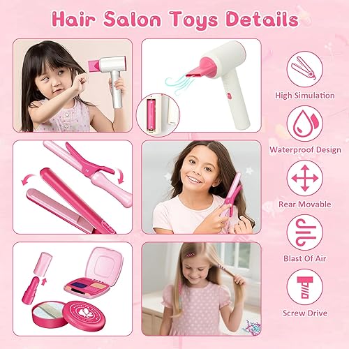 Miniatura 6 de RedCrab Juguetes de peluquería para niñas, 45 piezas de peluquería con secador de pelo, peine, joyas brillantes para el cabello, juego de peinado de