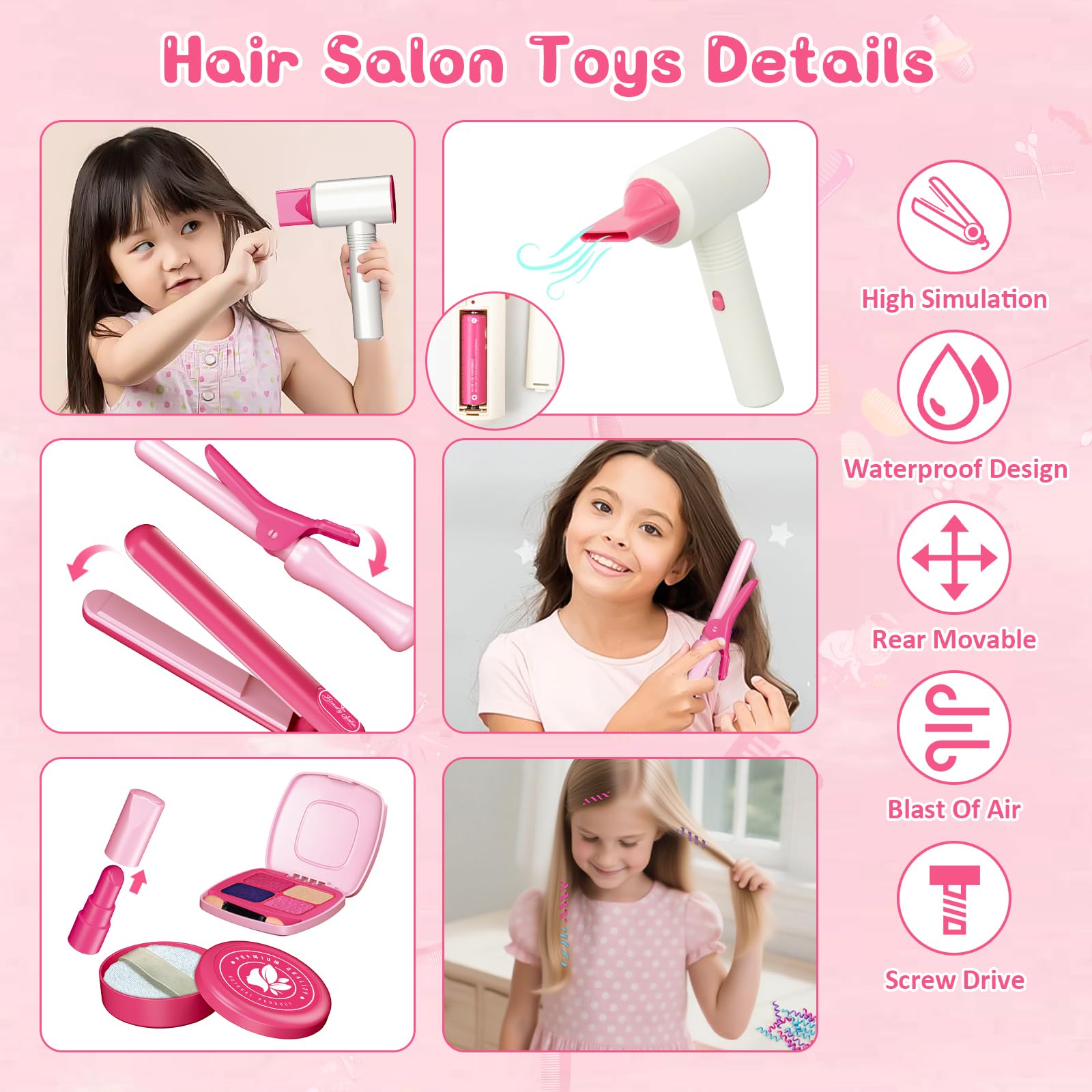 RedCrab Kit Coiffure Enfant Fille Jouet Salon de Beauté avec Sèche-Cheveux Fer à Friser Lisseur Peigne Miroir Accessoires pour Cheveux, Jeux de Rôle Cadeau pour Enfants Filles 3 4 5 6 7 8 Ans