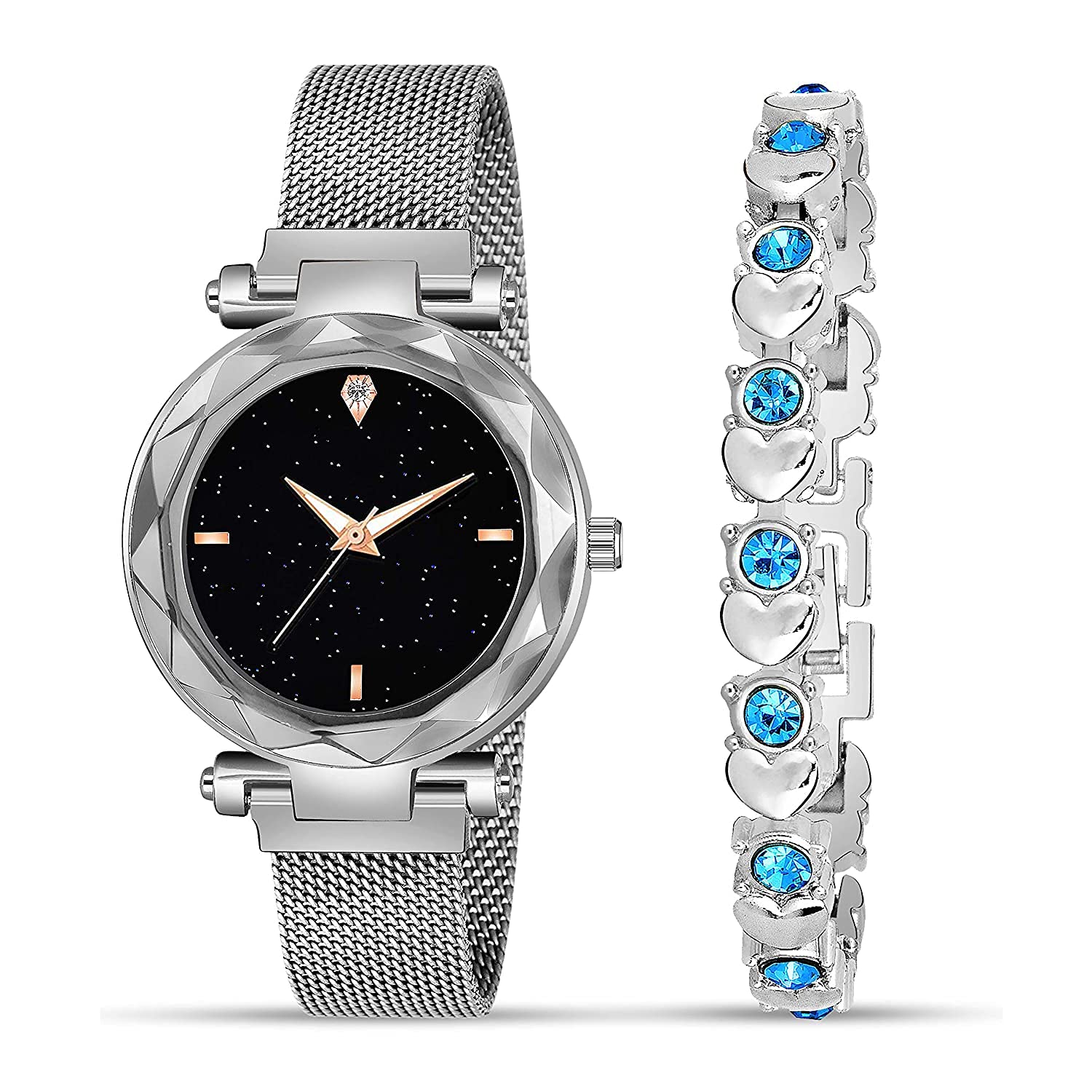 SWADESI STUFF Multi Color Metal Strap Magnet Analogue Watch & Diamond Bracelet Combo For Women & Girls (Silver) (B0924GMYWQ) Amazon Price History, Amazon Price Tracker