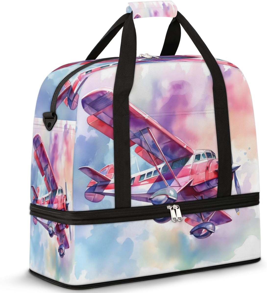 QsirBC Aircraft Design Theme Gym Bag for Women Duffle Tote with Shoes Compartment Men Weekender Duffel for Dance Travel Sports Swimming Overnight
