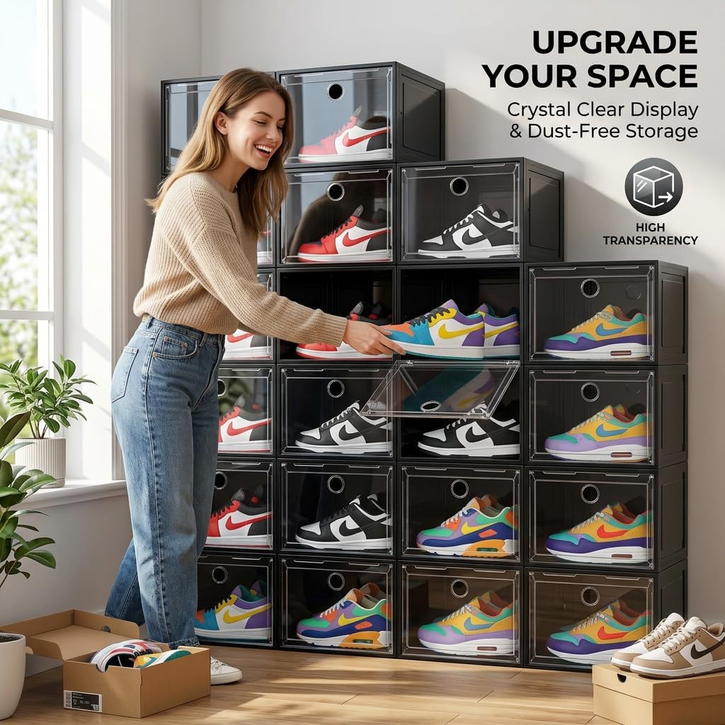 Large Shoe Boxes Clear Plastic Stackable, 8 Pack Drop Side Shoe Storage Organizer with Magnetic Door, Shoe Container Sneaker Storage Display Case Fit up to US Size 13 Black
