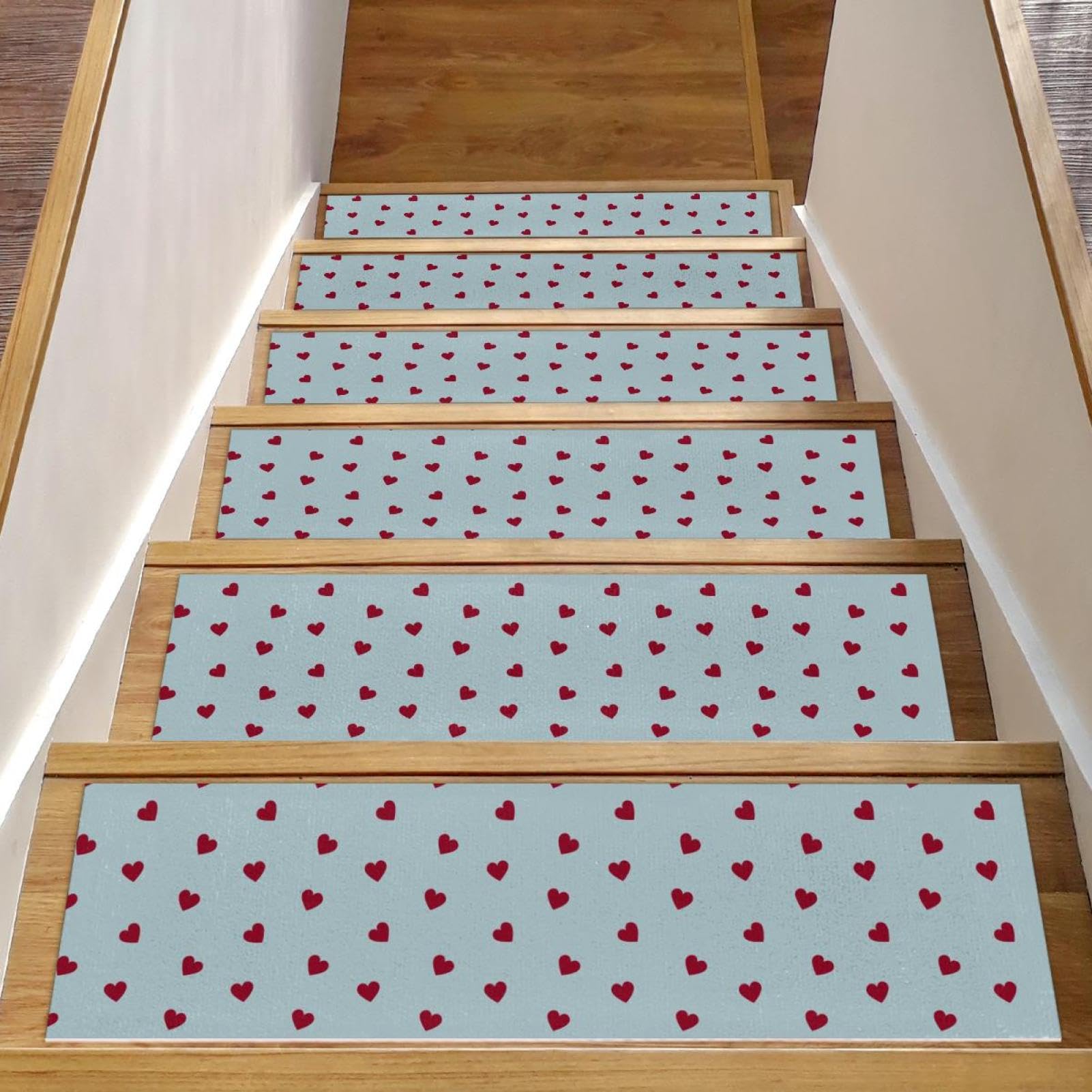 Alfombra para escaleras con diseño de corazón rojo, juego de 15 piezas antideslizantes