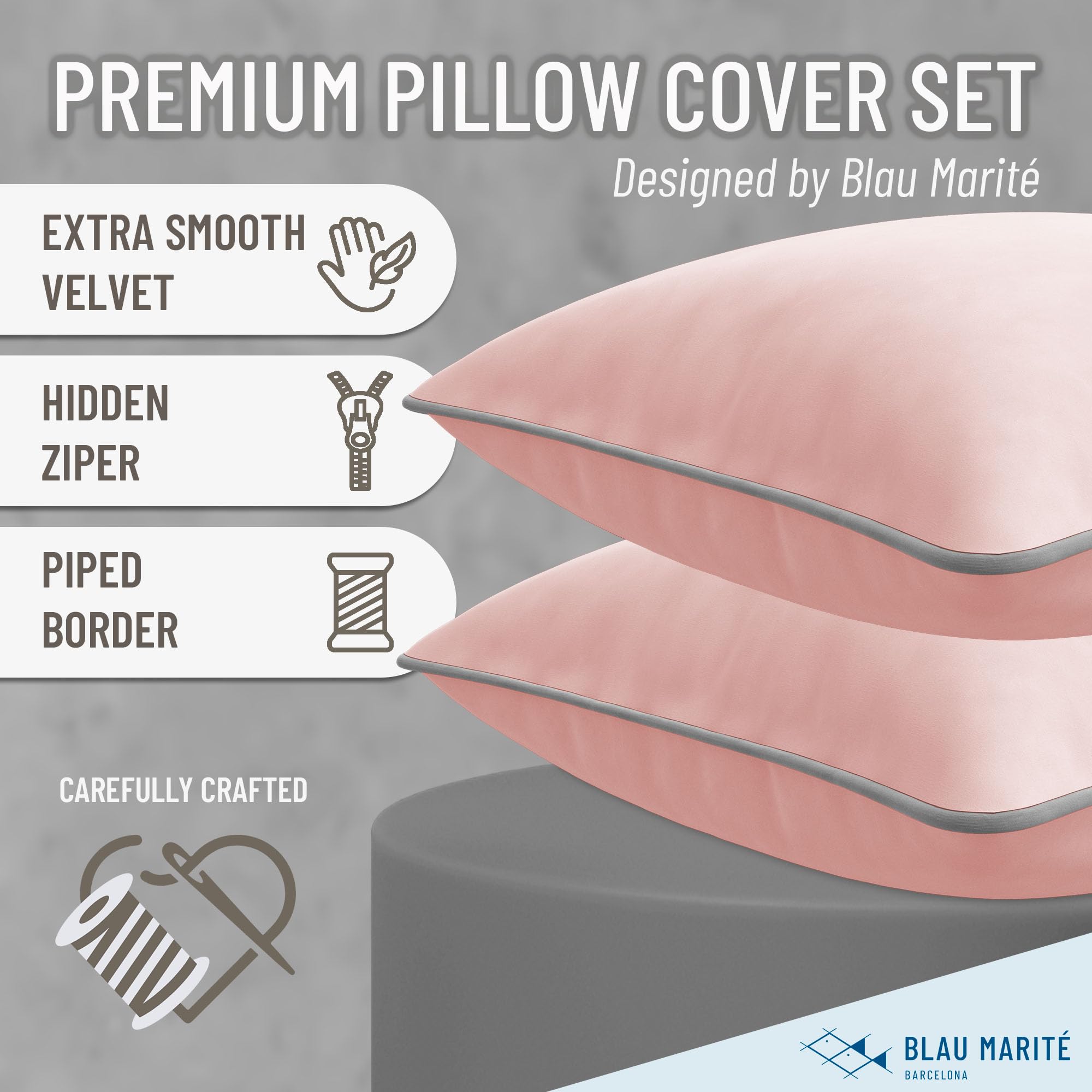 Blau Marité Set of 2 Velvet Throw Pillow Covers with Contrast Piping, Soft Decorative Cushion Covers, Pink and Grey, 18"x18" (45x45 cm) - Image 2