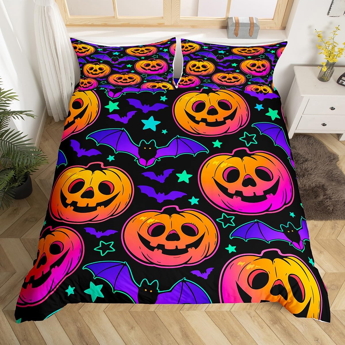 Homemissing Boys Multicolored 13222 Pumpkin Lantern Duvet Cover Set Trippy Bat Bedding Set For Kids Girls Halloween Comforter Cover Set Microfiber Star Print Bedspread Cover Bedroom Bedclothes Double