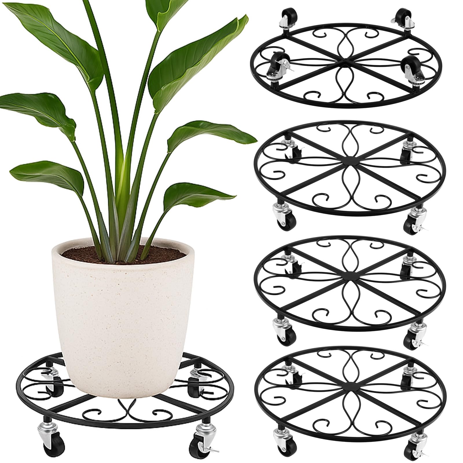4 Pack Plant Caddy with Wheels 16 Inch Rolling Plant Stand for Large Plants Heavy Duty Plant Rollers Metal Plant Dolly Rustproof Planter Stand Wrought Iron Plant Stands Flower Cart Indoor Outdoor