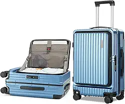 Mala de mão aprovada por companhias aéreas, estrutura de alumínio com abertura superior de 50 cm, leve, ABS + policarbonato com rodas giratórias de 360°, trava TSA, Azul-celeste, Carry On - 20