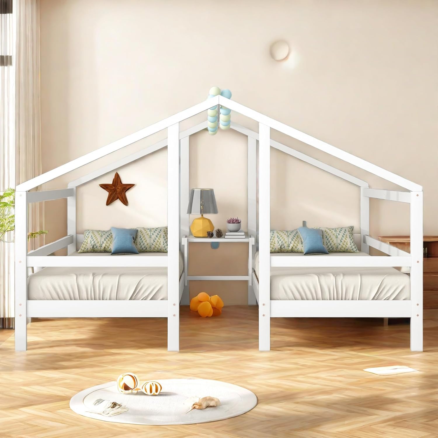 Assembled house bed with bedside table in a child's room