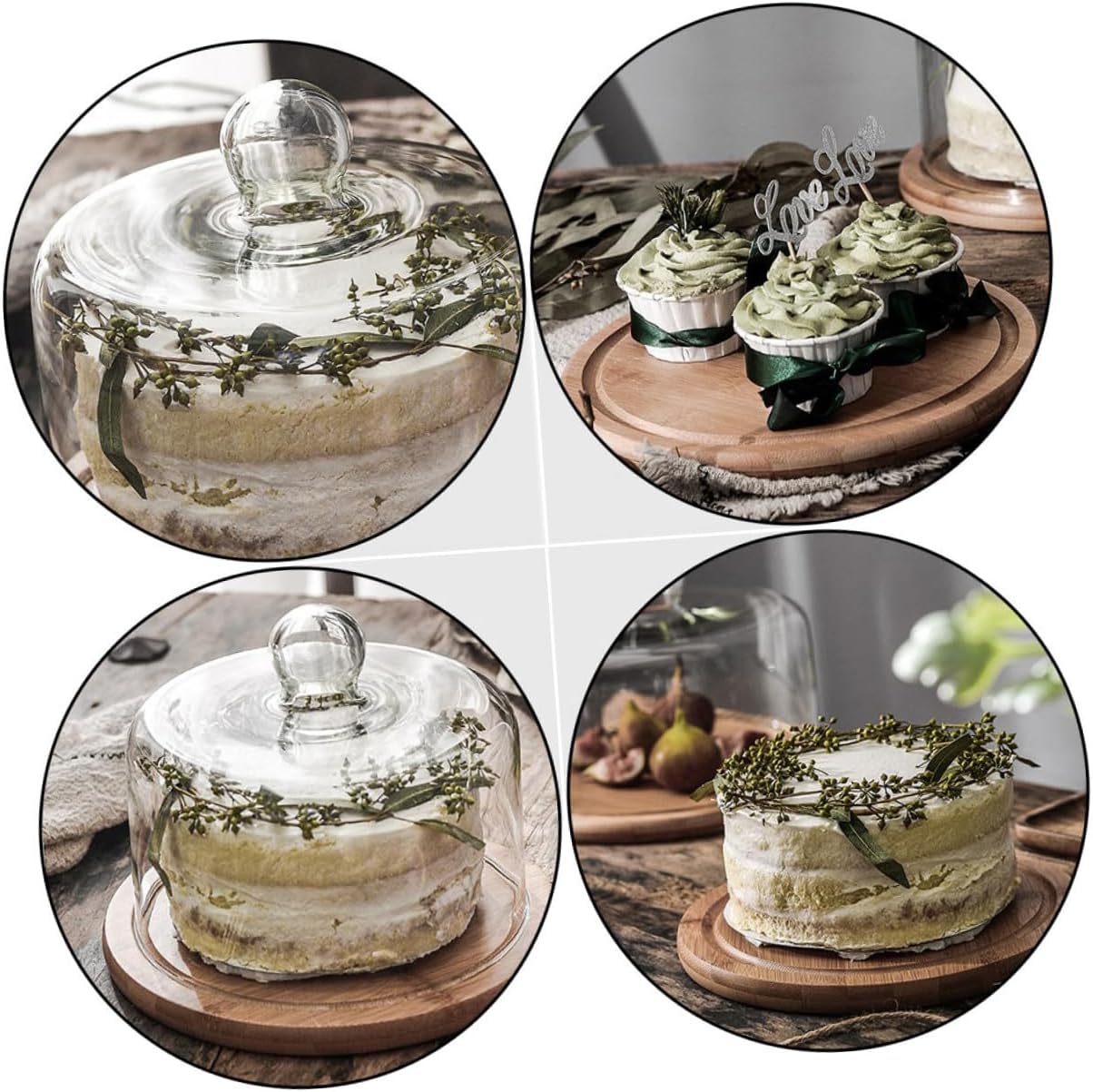Kichvoe Glass Cake Cover with Wooden Tray, Large Dessert Food Display Dome, Dustproof Fresh-keeping Cover for Household Cakes and Pastries
