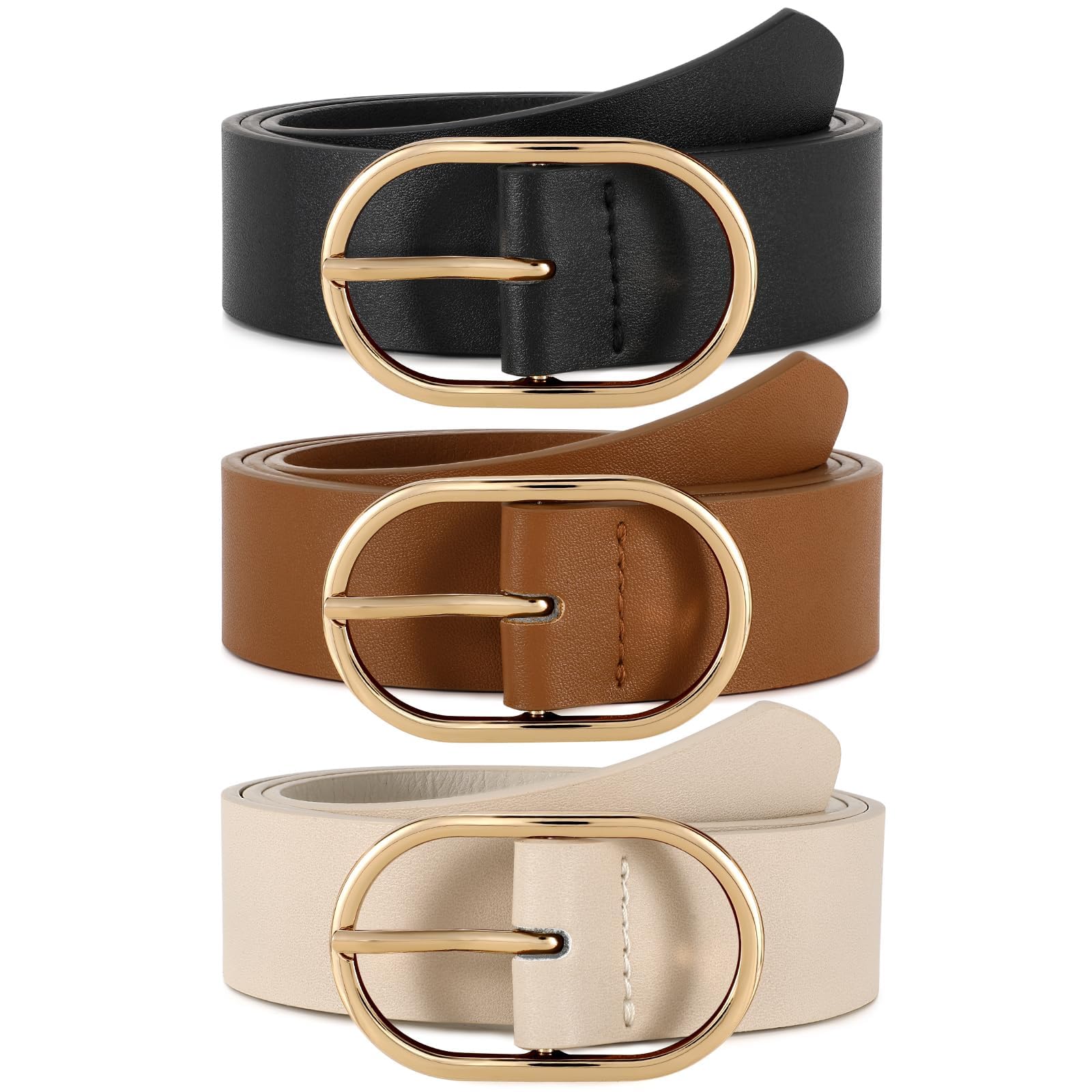 WERFORU Lot de 3 Ceintures en Cuir pour Femmes Ceinture Femme à la Mode avec Boucle Dorée pour Jeans, Pantalons et Robe,Noir/Marron/Café