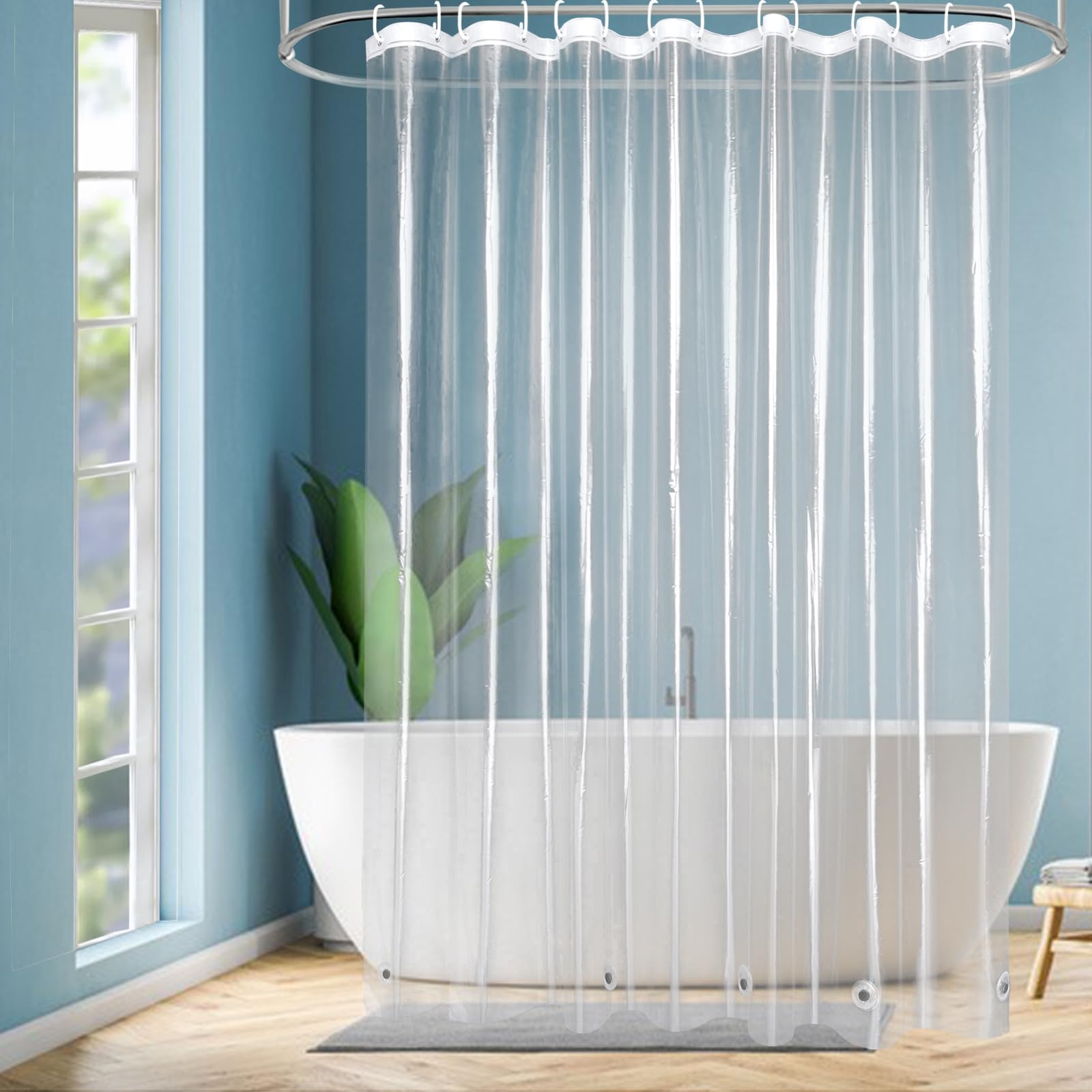 EurCross Cortina de ducha 200 x 200 cm, transparente, antimoho, cortina de baño con 5 imanes inferiores para baño, plástico PEVA impermeable cortinas de ducha con 14 anillos