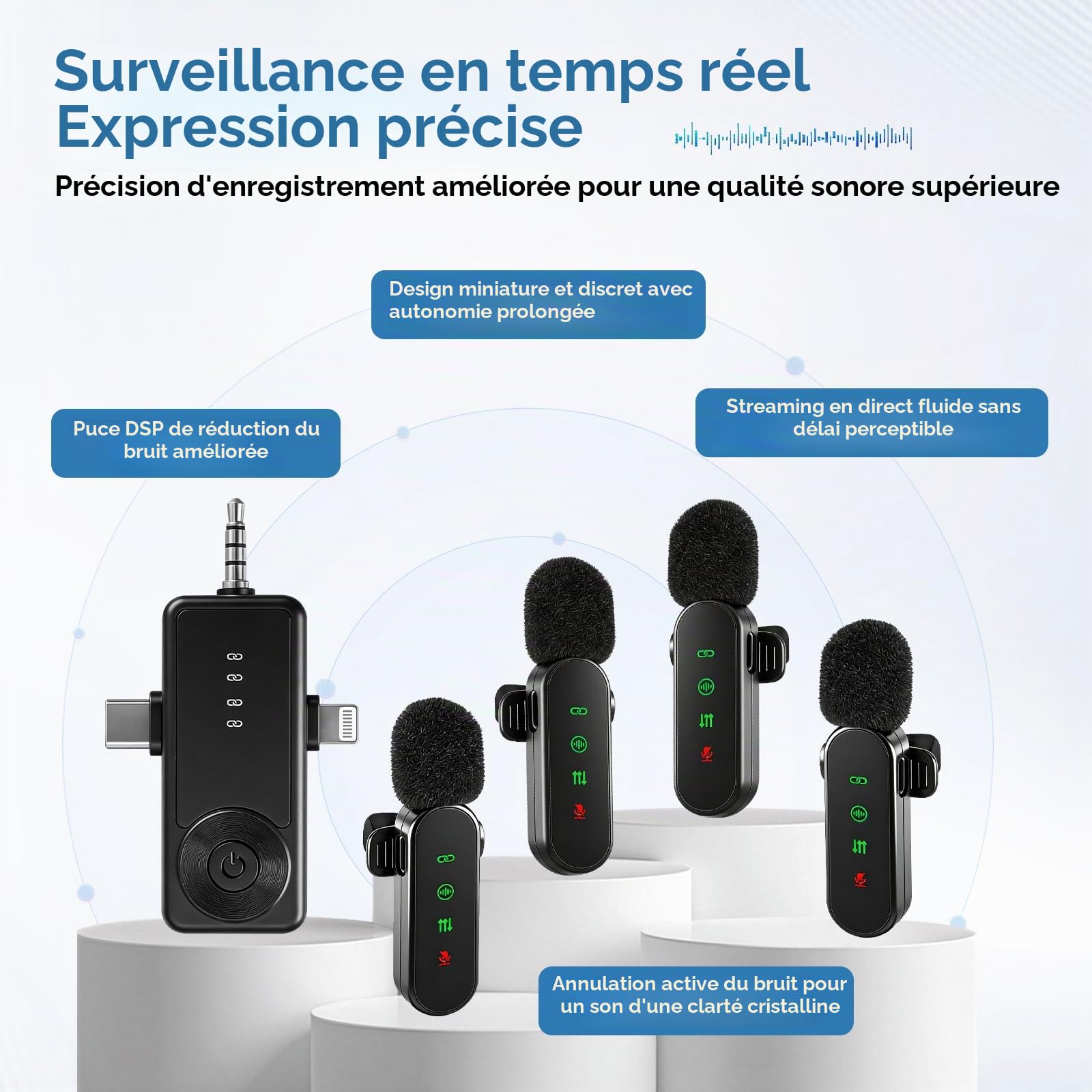 Lot de 4 microphones cravate sans fil avec écran LED, micro cravate à clipser, mini microphone avec réduction du bruit pour enregistrement vidéo, vlogging TikTok