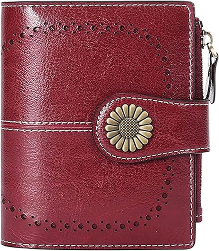 SENDEFN - Billetera pequeña de piel auténtica para mujer, diseño plegable con ventana para tarjeta de identificación