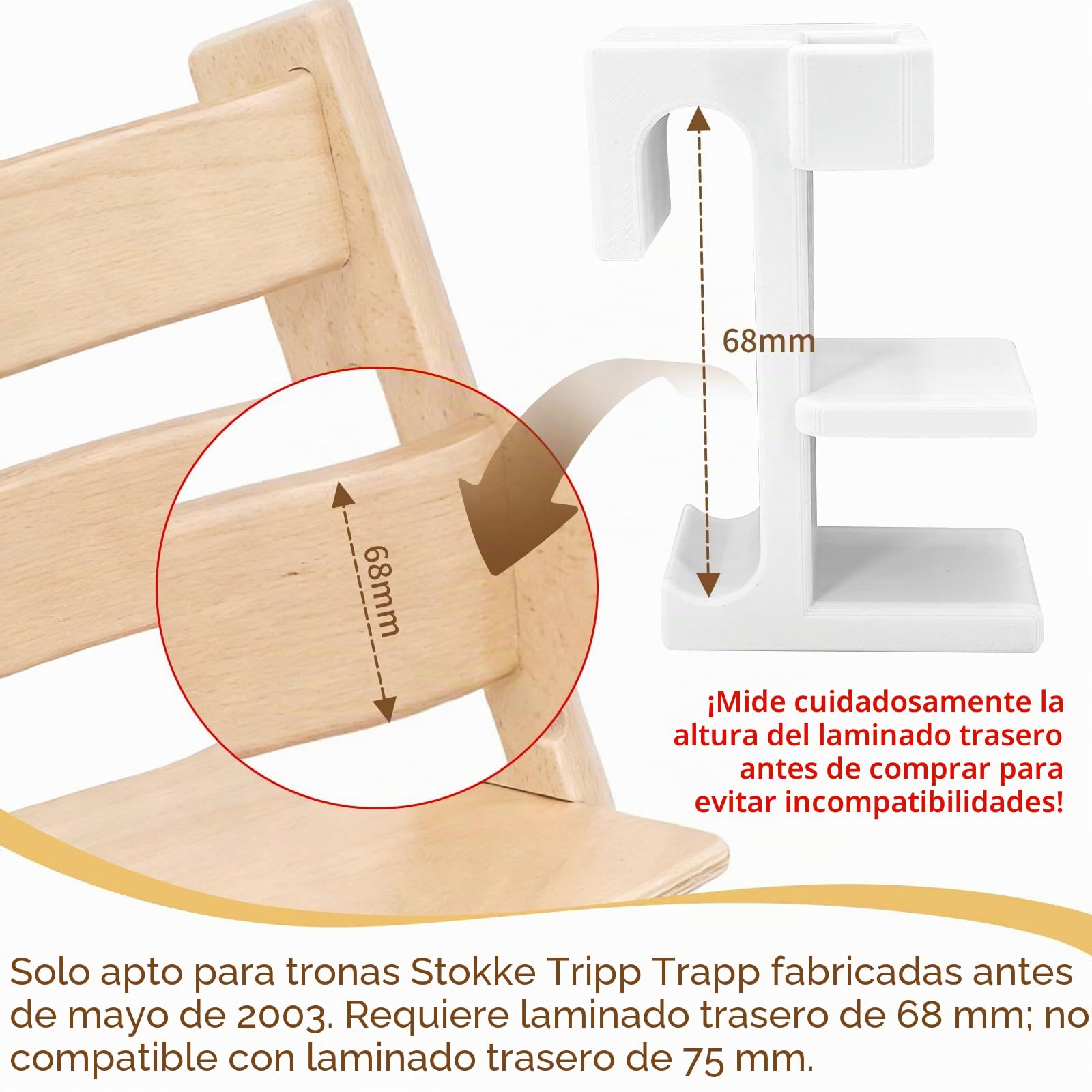 Adaptadores Baby Set para Stokke Tripp Trapp – juego de 2 adaptadores compatibles con tronas para Stokke Tripp Trapp fabricadas antes de 2003, barra transversal de 68 mm, para uso con bandeja y mesa