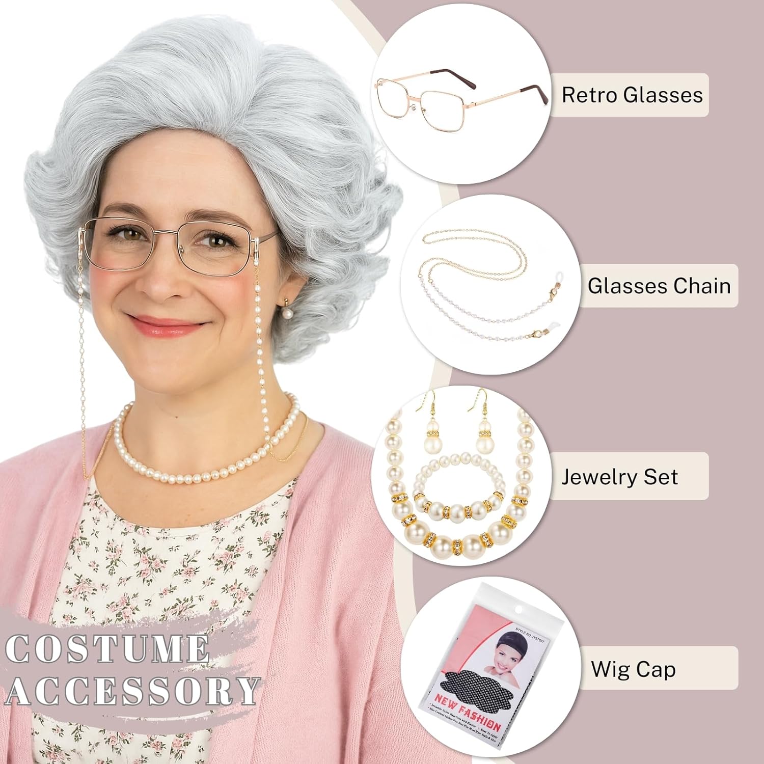 Old Lady Wig Costume Set for Women Short Curly Grandma Wig and Glasses Silver White Granny Wigs for Old Woman Cosplay Halloween Party (Silver White/Old Lady) - Image 2