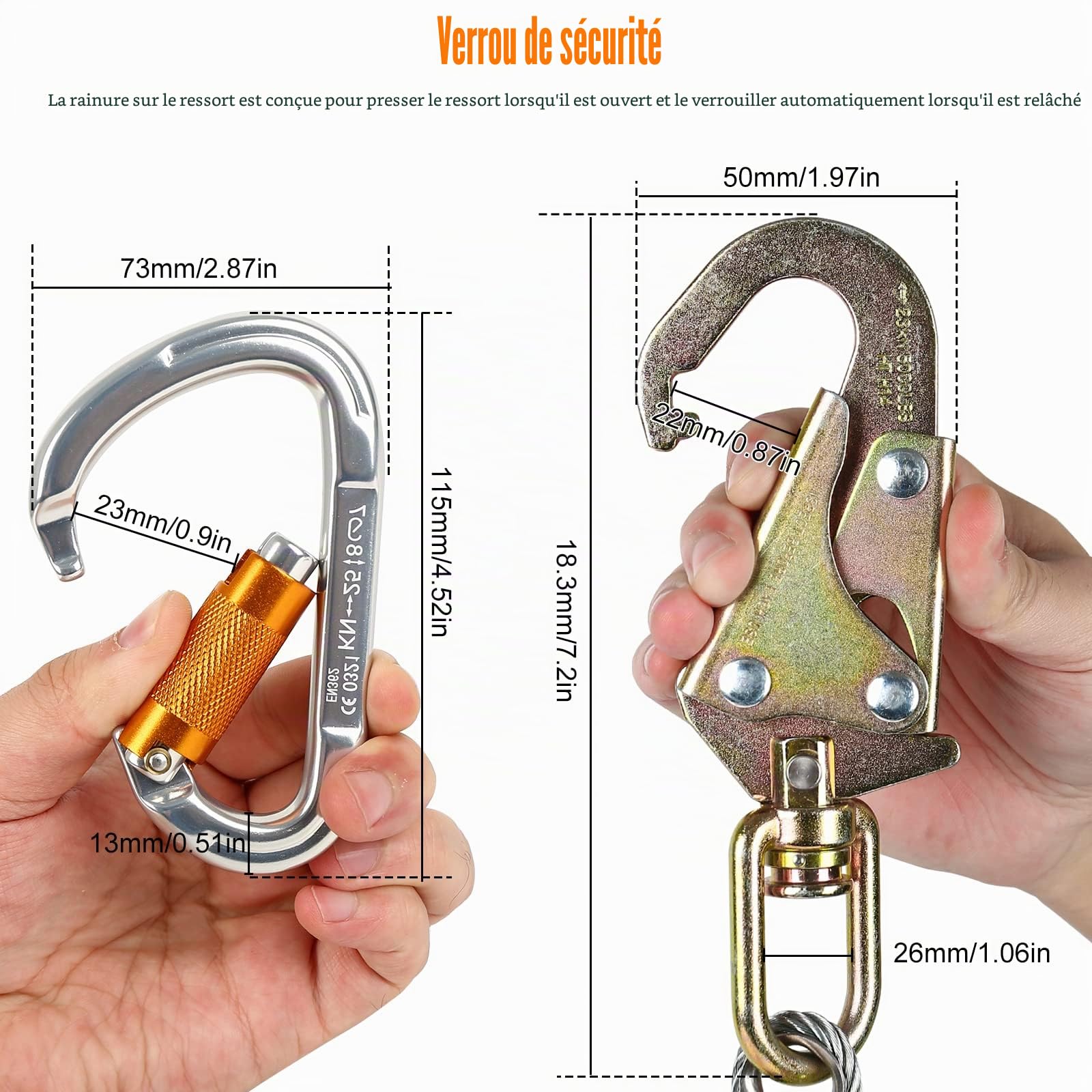 MENAYODA Kits de ligne de câble en acier avec mousqueton triple verrouillage, noyau métallique de 12 mm, cordon réglable pour sécurité contre les chutes, arboriculteurs, grimpeur d'arbres