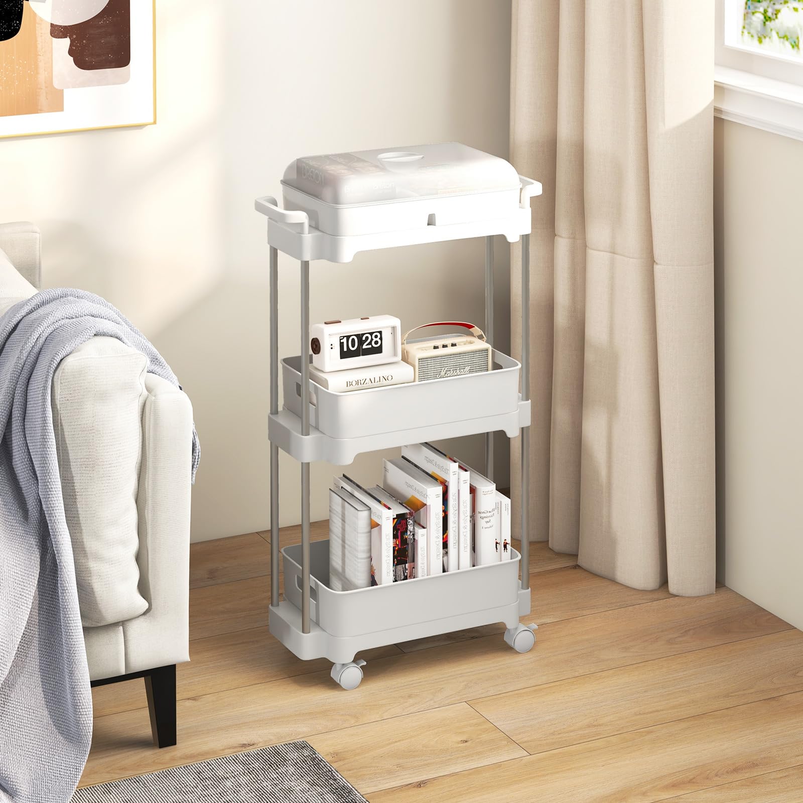 HOMASIS Carro de Servicio con 3 estantes extraíbles, Carrito de Multifuncional con Ruedas bloqueables, Carrito de Almacenamiento de Aluminio con Tapa para salón, Cocina y Oficina, 46x21x82cm, Blanco