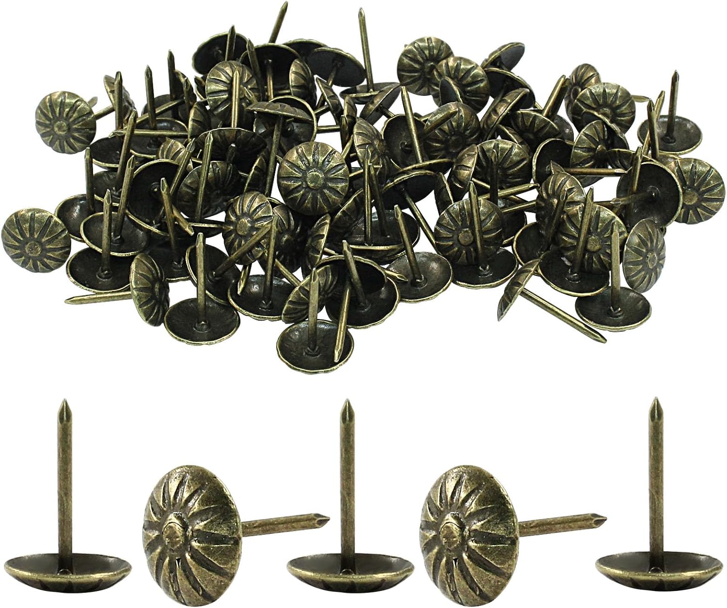 100 Pcs 7/16Inch Antique Brass Upholstery Tacks for Furniture, Metal Thumb Tacks Upholstery Nails for Decorative (11 x 16mm)