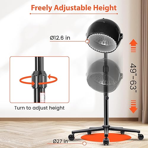 Miniatura 5 de Secador de pelo con capucha, secador de pelo de pie, secadora profesional con capucha sobre ruedas con pantalla digital, controles táctiles y 3