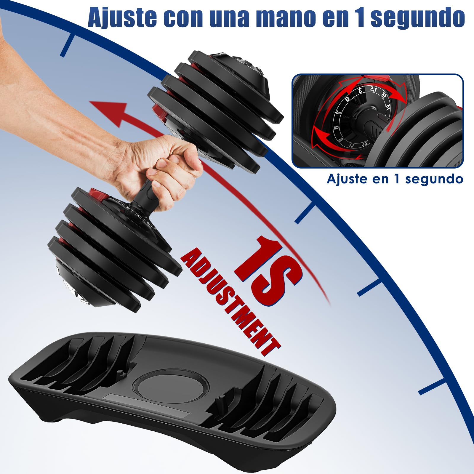 DH FitLife Mancuernas Ajustables 18kg con Base de Almacenamiento, Juego de Pesas Compactas 12 en 1 para Culturismo y Entrenamiento - Diseño Ahorra Espacio, para Hombre y Mujer