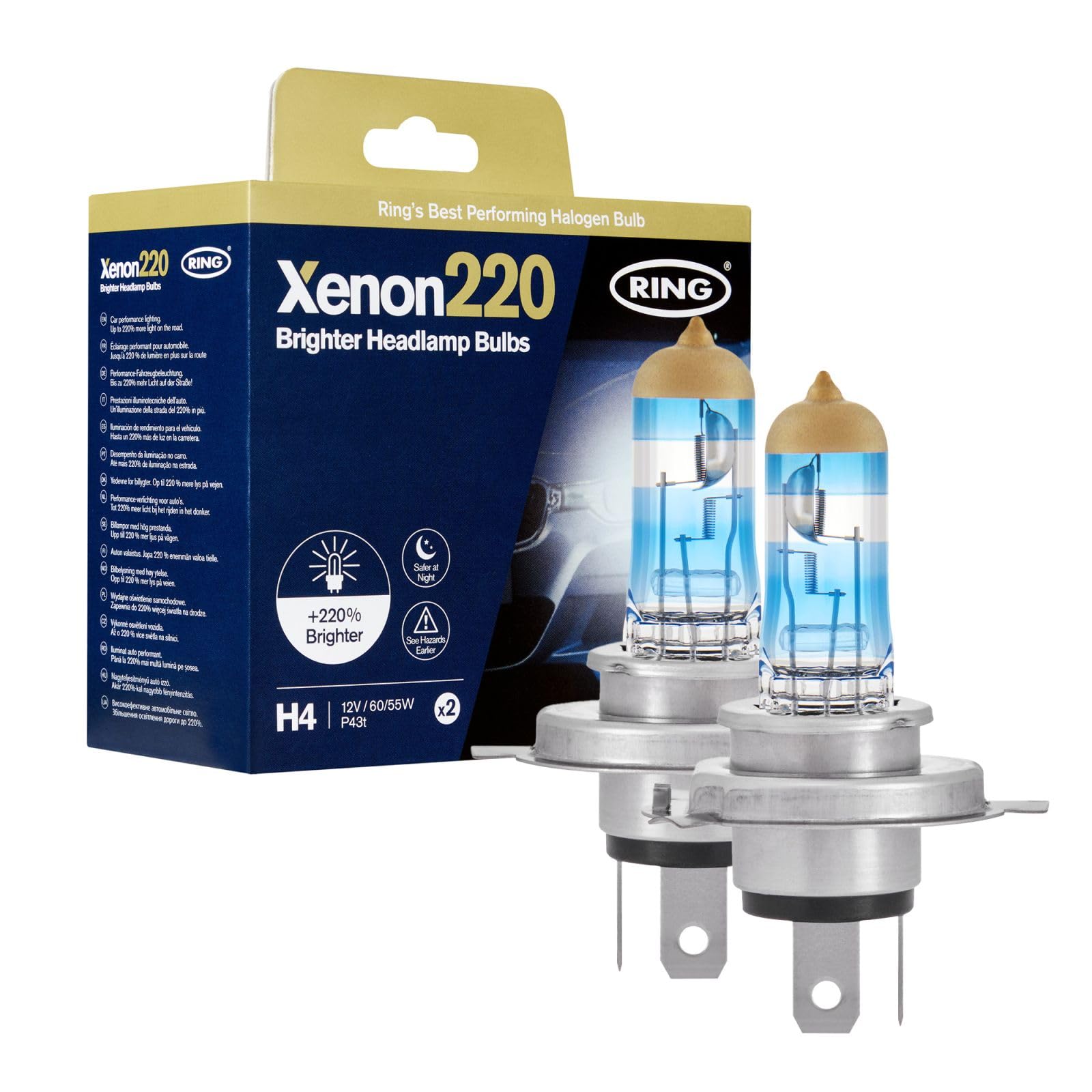Ring Xenon220 Halogen Headlamp (H4) Bulbs - Pair, 220% More Light, Road Legal